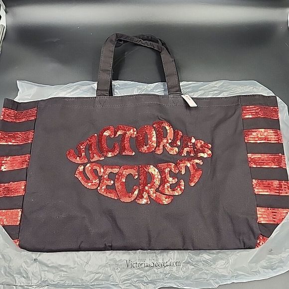Victorias Secret Black Red Sequins Tote Large Travel Bag Valentines Day Lips NEW - Picture 2 of 16